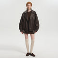 Women's Oversized PU Leather Jacket, Zip-Up Retro American Style Coat in Brown and Black