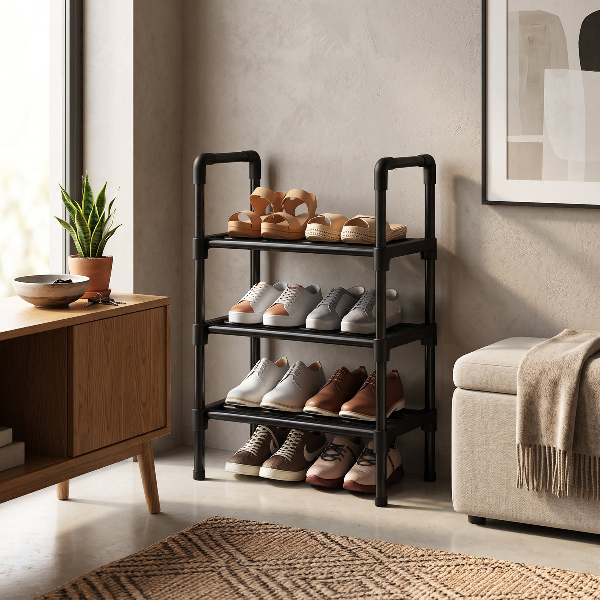 Hero Studio lifestyle image — Two-to-Four-Tier Shoe Rack with Elevated Storage Shelves — job 35a58124-ee3c-48f4-9a0e-ee5668de2485