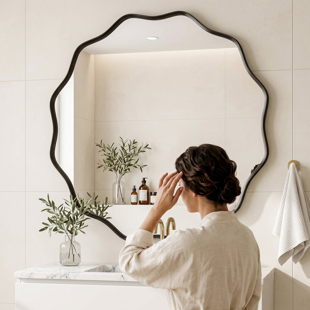Wavy Round Decorative Bathroom Wall Mirror with Deep Frame, Gold or Black
