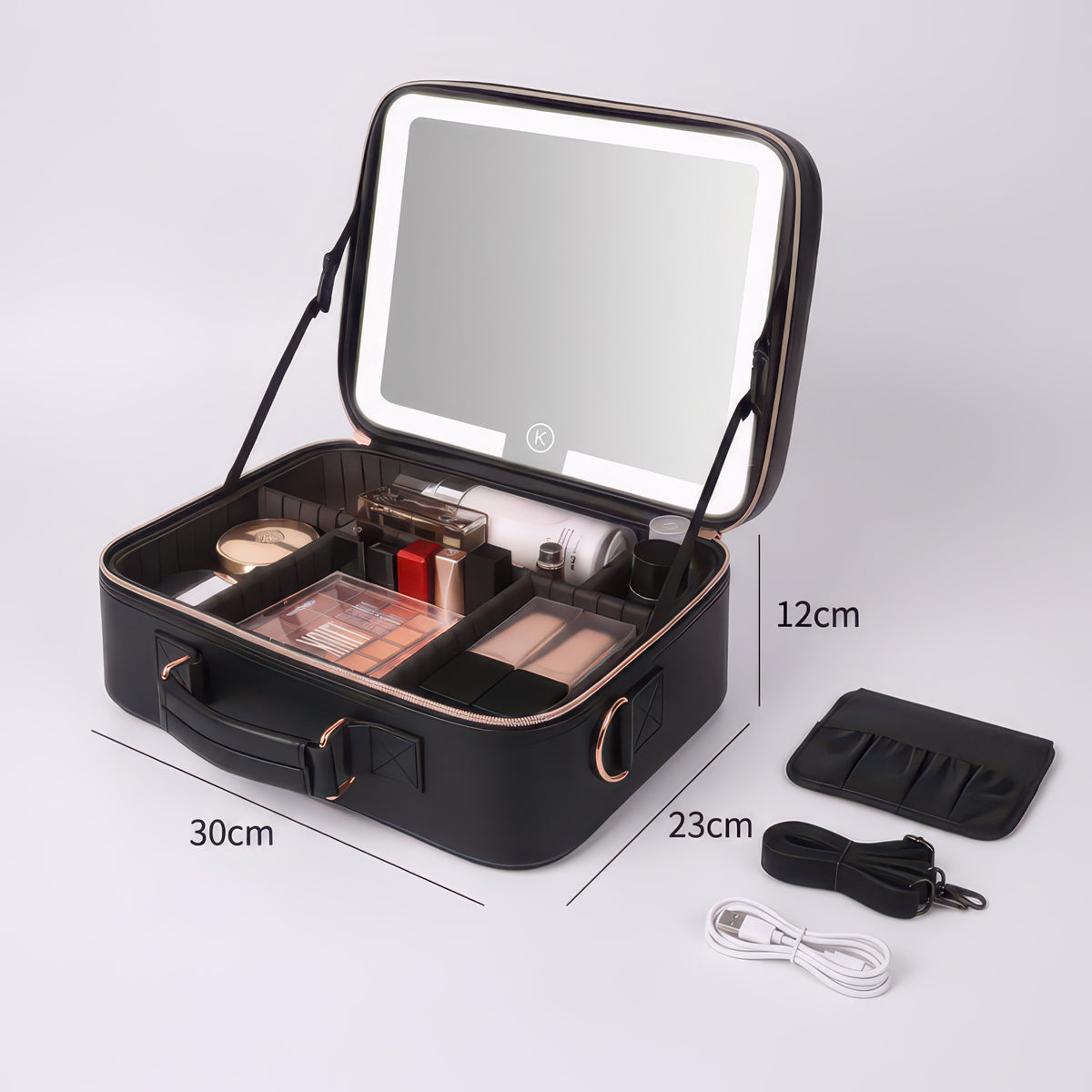 Large Portable Makeup Bag with LED Light and Mirror, Removable Partition, PVC