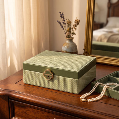 Double-Layer Lockable Jewelry Box with Mirror and 13 Compartments