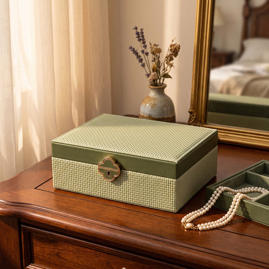Double-Layer Lockable Jewelry Box with Mirror and 13 Compartments