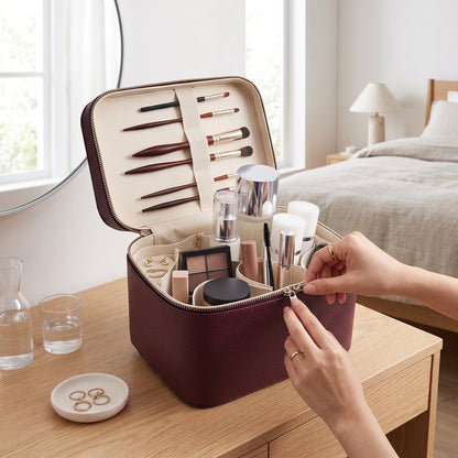 Double-Layer PU Makeup and Skincare Storage Box with Zipper
