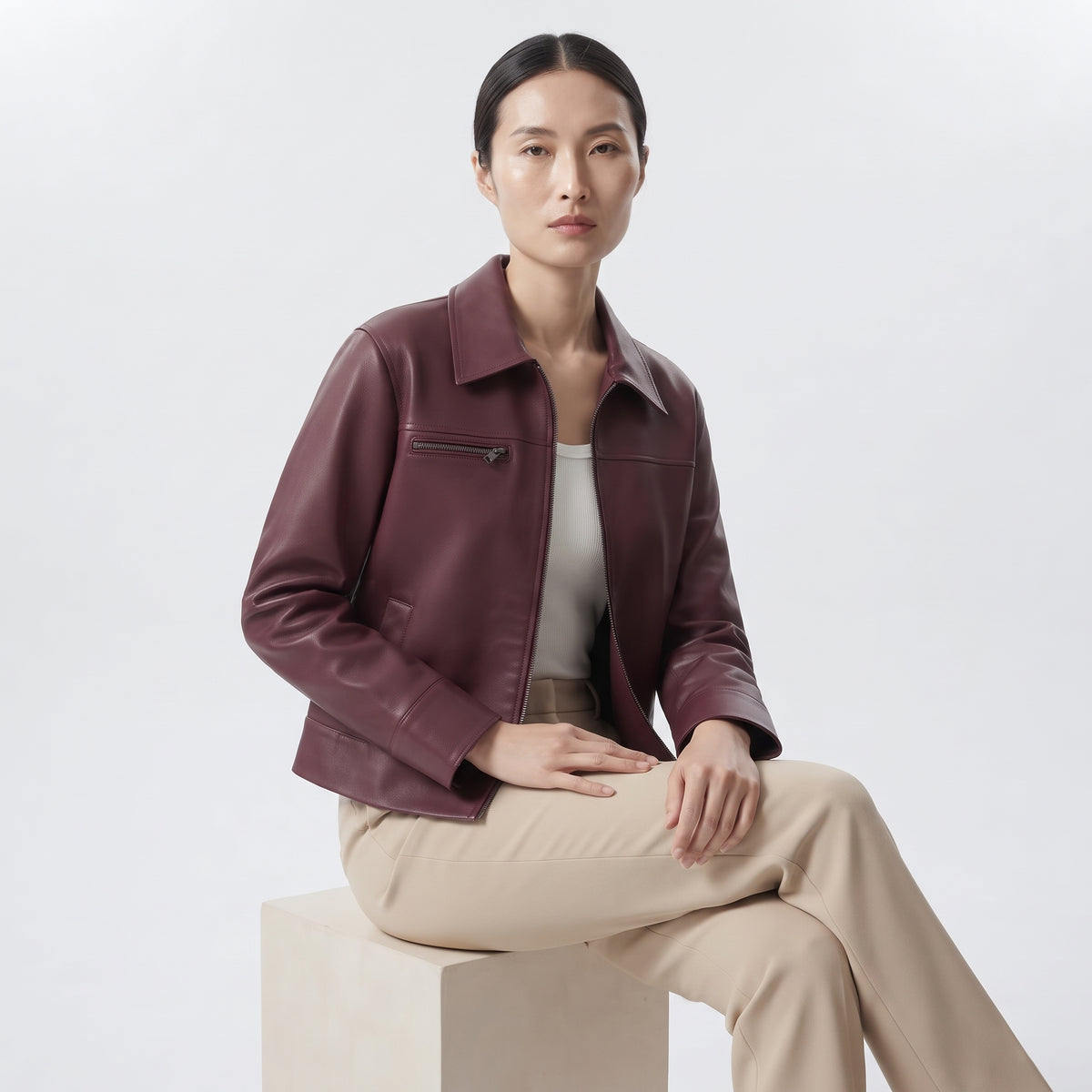 Women's Faux Leather Jacket in Burgundy and Champagne, Lapel Zip-Up Street Coat