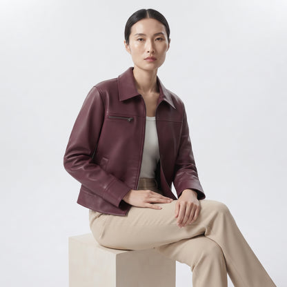 Women's Faux Leather Jacket in Burgundy and Champagne, Lapel Zip-Up Street Coat
