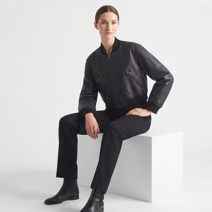 Women's Short Faux Leather Pilot Jacket, Slim Zip-Up Coat for Autumn