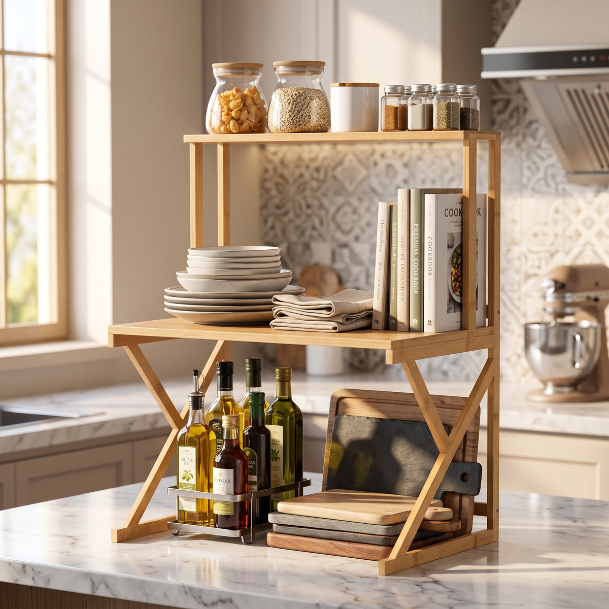 Bamboo Double-Layer Countertop Microwave and Oven Storage Shelf Rack
