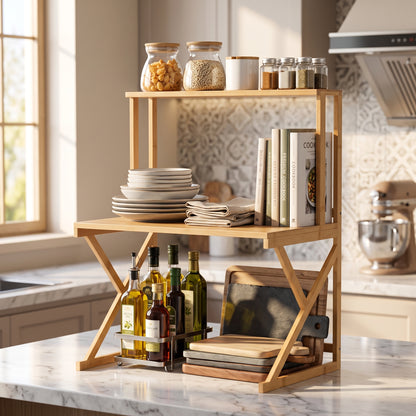 Bamboo Double-Layer Countertop Microwave and Oven Storage Shelf Rack