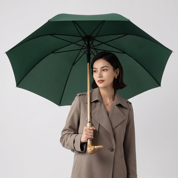 Premium Long Handle Wooden Golf Umbrella with Fiberglass Frame, 112cm Diameter
