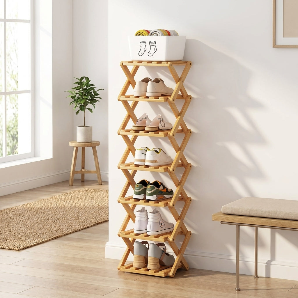 Foldable Bamboo Shoe Rack with Two-to-Nine-Tier Options