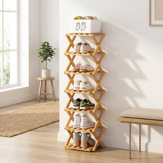 Foldable Bamboo Shoe Rack with Two-to-Nine-Tier Options