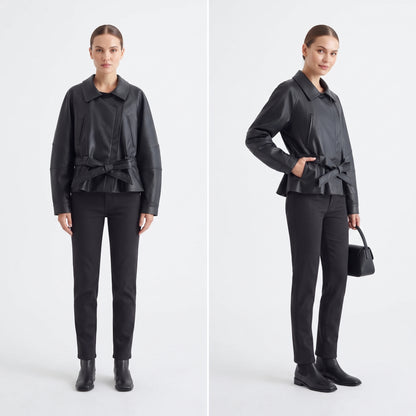 Women's Faux Leather Trench Jacket with Belt, Lapel Moto Coat in Black, Wine Red and Brown