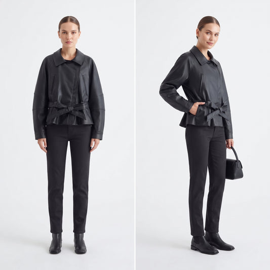 Women's Faux Leather Trench Jacket with Belt, Lapel Moto Coat in Black, Wine Red and Brown