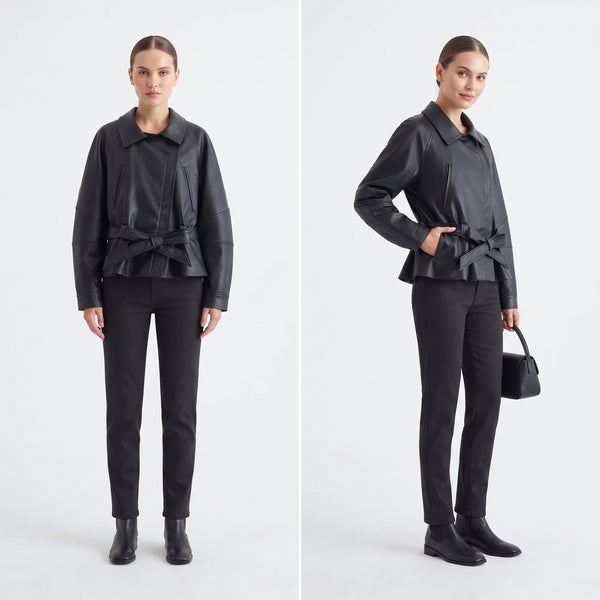 Women's Faux Leather Trench Jacket with Belt, Lapel Moto Coat in Black, Wine Red and Brown