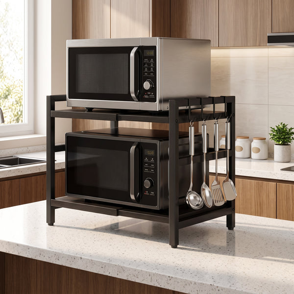 Expandable Microwave Shelf with 6 Hooks Kitchen Storage Rack Extendable 40-64cm