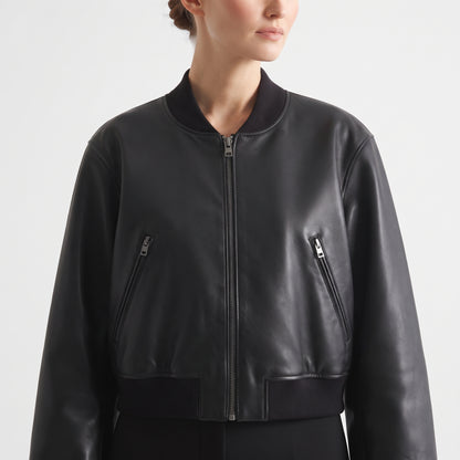 Women's Short Faux Leather Pilot Jacket, Slim Zip-Up Coat for Autumn