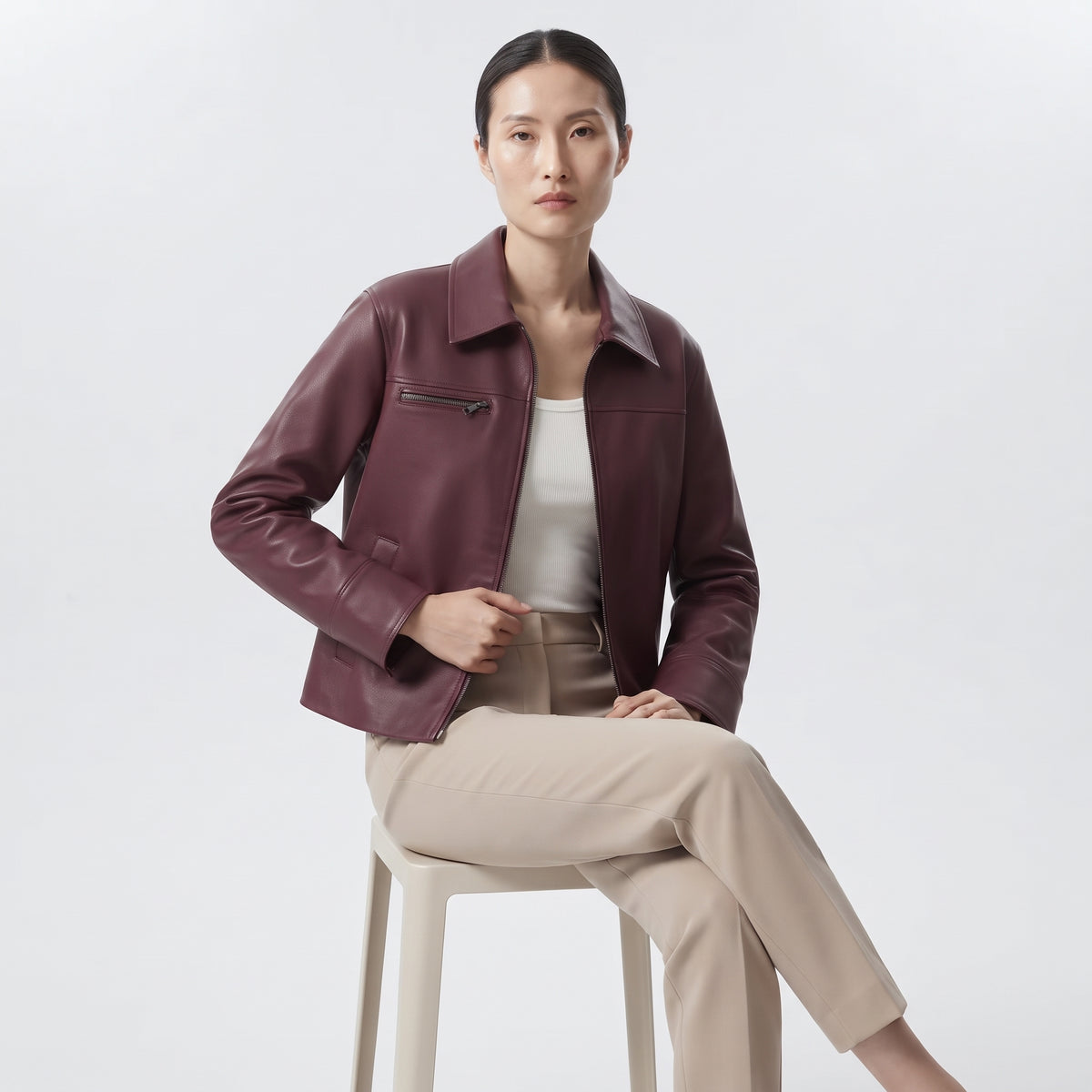 Women's Faux Leather Jacket in Burgundy and Champagne, Lapel Zip-Up Street Coat