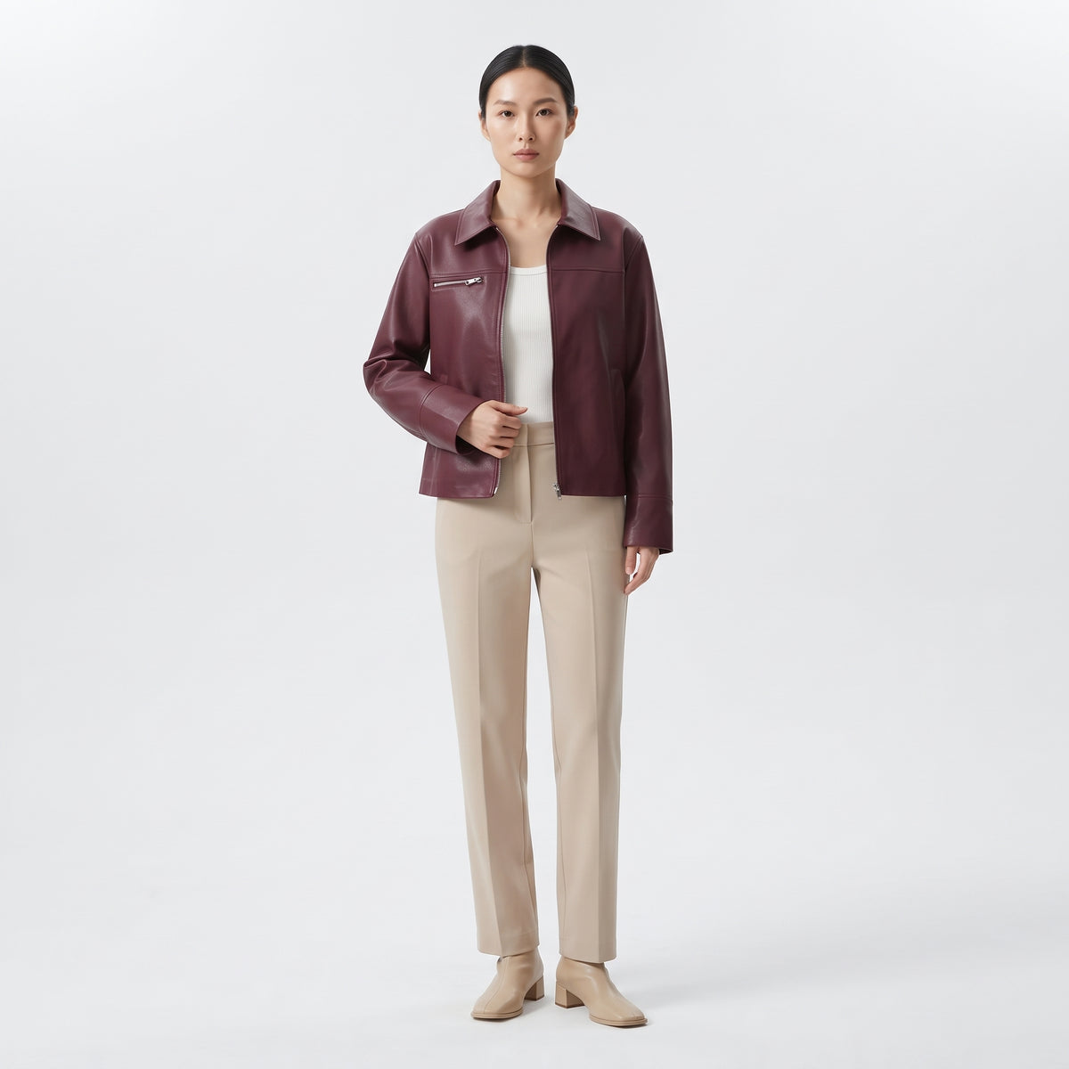 Women's Faux Leather Jacket in Burgundy and Champagne, Lapel Zip-Up Street Coat