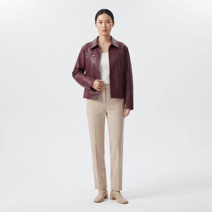 Women's Faux Leather Jacket in Burgundy and Champagne, Lapel Zip-Up Street Coat