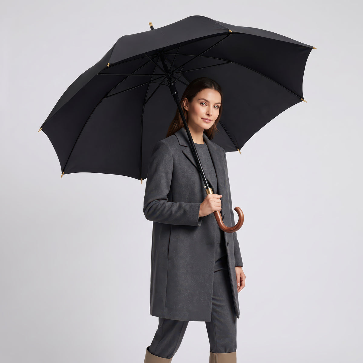 Wooden Long Handle Golf Umbrella with Windproof Fiberglass Frame, 114cm Diameter
