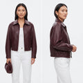 Women's Vintage Cropped Leather Jacket in Wine Red, Short Lapel Zip-Up Street Coat