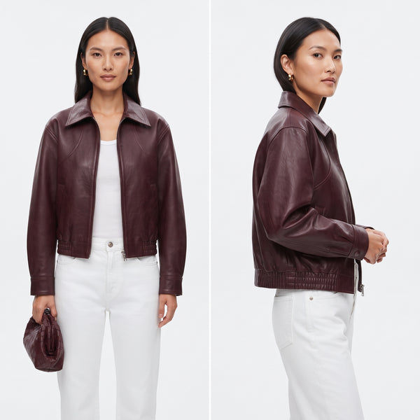 Women's Vintage Cropped Leather Jacket in Wine Red, Short Lapel Zip-Up Street Coat