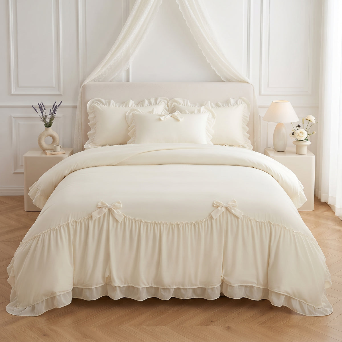 Ruffle Duvet Cover Set – 3pcs White Bedding for Guest Room