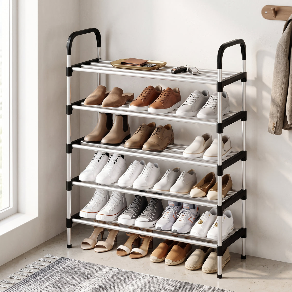 Three-to-Seven-Tier Black Shoe Rack with Assembly Hammer