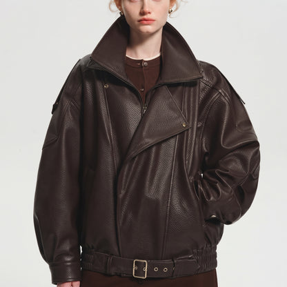 Women's Oversized PU Leather Jacket, Zip-Up Retro American Style Coat in Brown and Black
