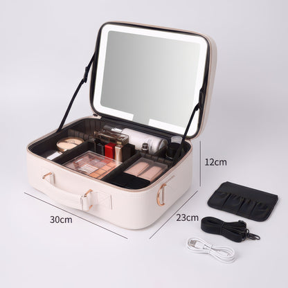 Large Portable Makeup Bag with LED Light and Mirror, Removable Partition, PVC