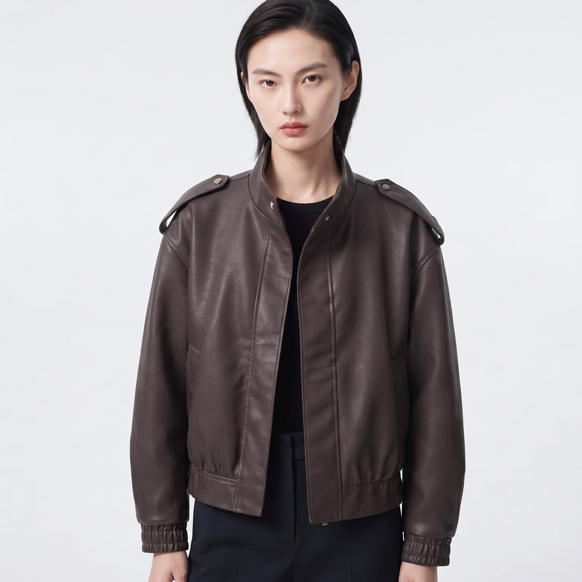 Women's Leather-Effect Blazer Jacket with Stand Collar, All-Season Streetwear