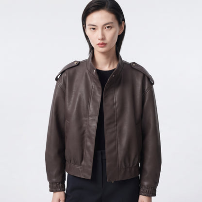 Women's Leather-Effect Blazer Jacket with Stand Collar, All-Season Streetwear