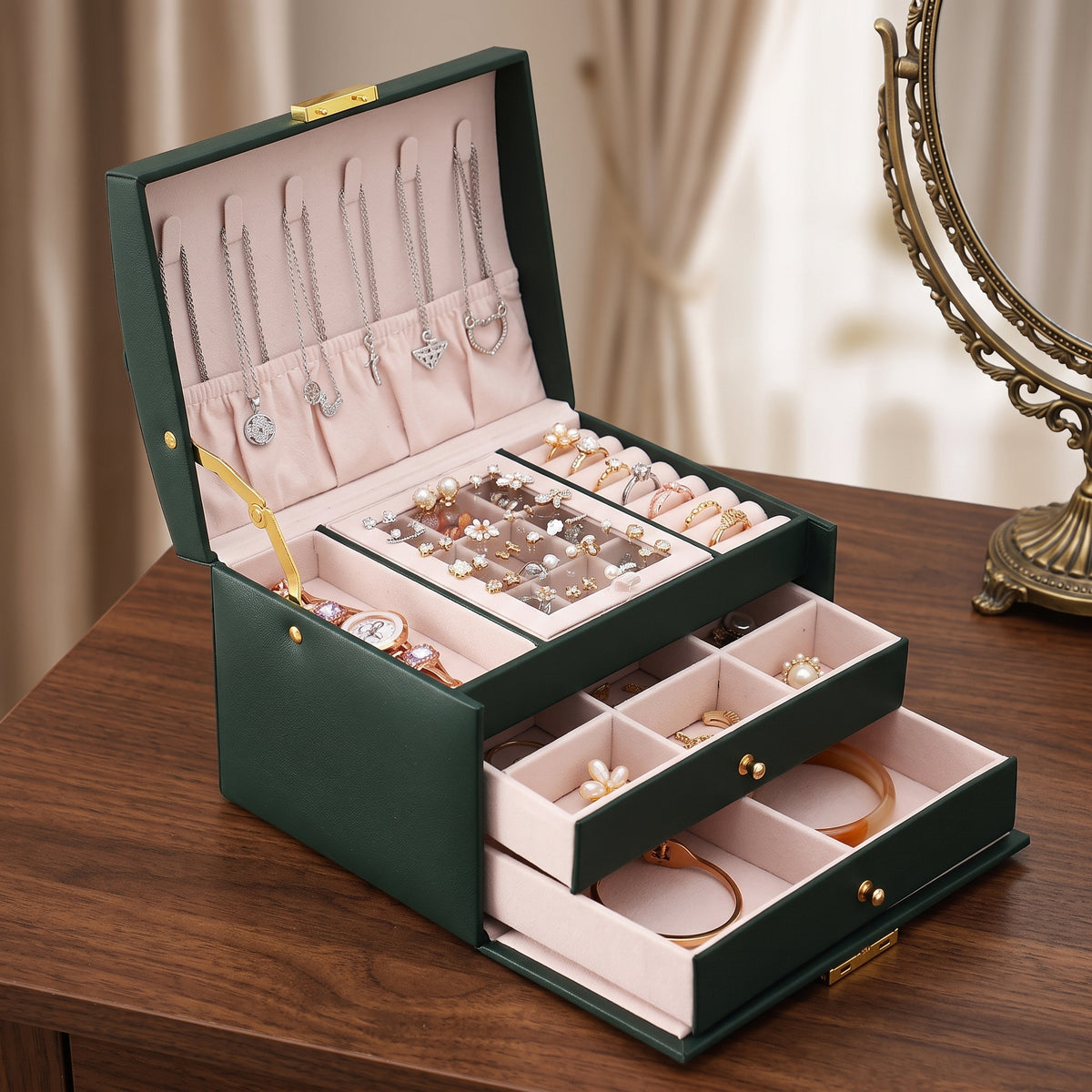 Drawer Jewelry Box – Three Layer Leather Lockable Case