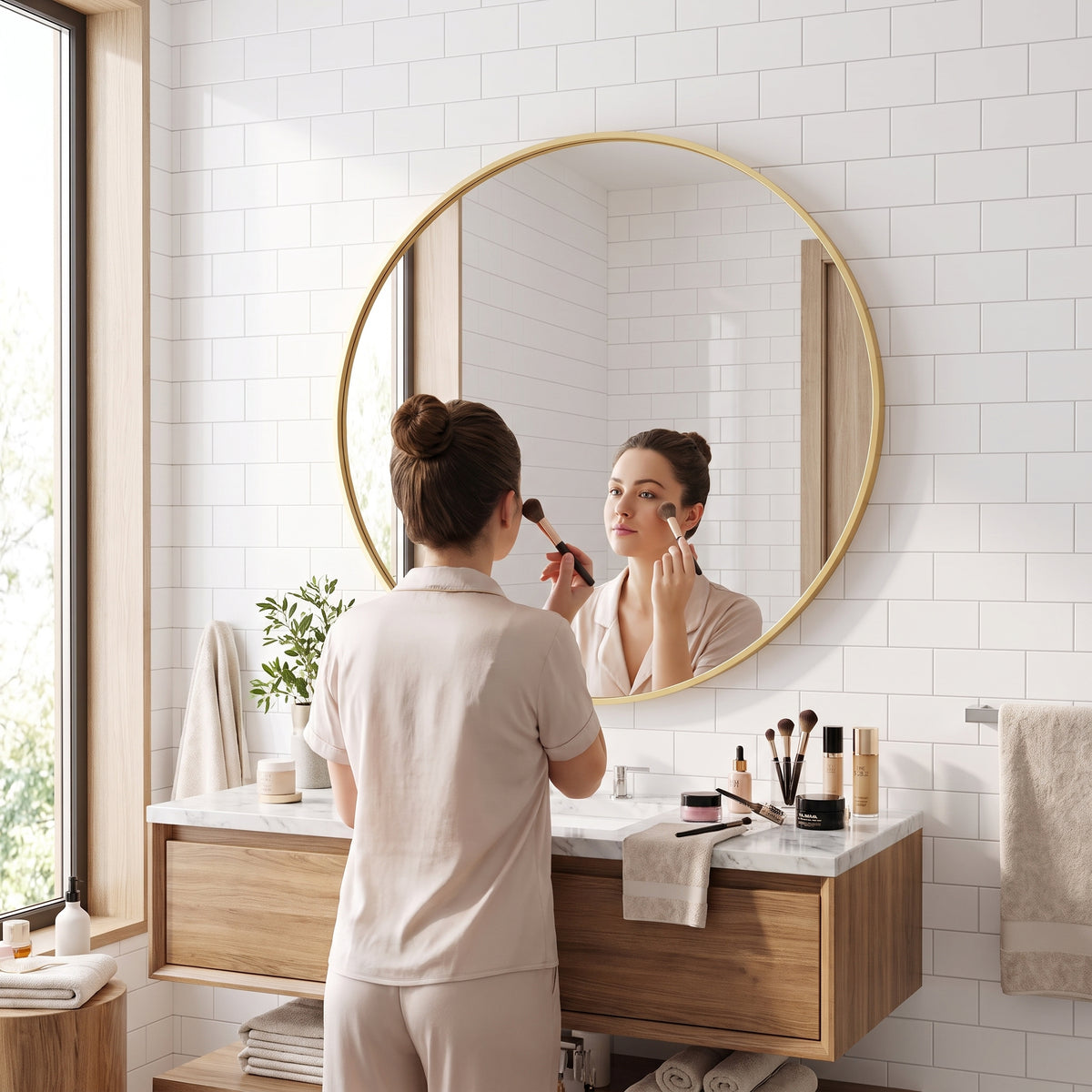 JHK Round Vanity Framed Mirror Matte Metal Frame Tempered Glass 30 Inch