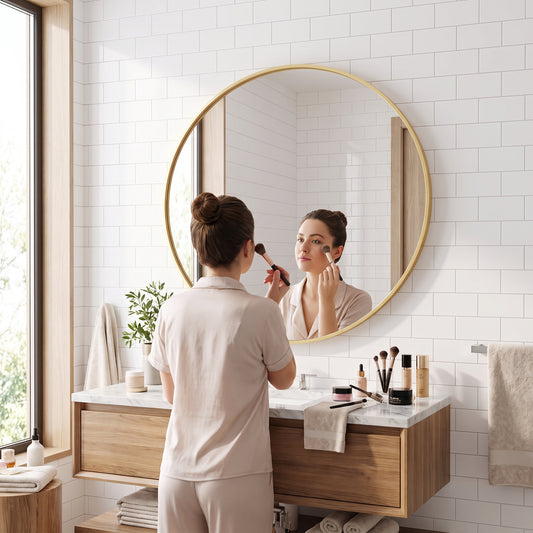 JHK Round Vanity Framed Mirror Matte Metal Frame Tempered Glass 30 Inch