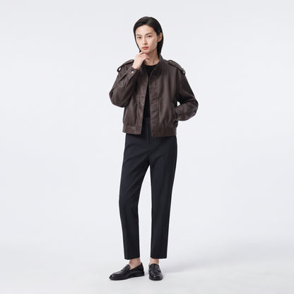 Women's Leather-Effect Blazer Jacket with Stand Collar, All-Season Streetwear