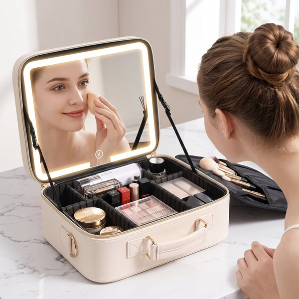 Large Portable Makeup Bag with LED Light and Mirror, Removable Partition, PVC