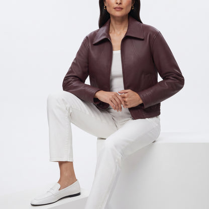 Women's Vintage Cropped Leather Jacket in Wine Red, Short Lapel Zip-Up Street Coat