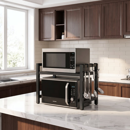 Expandable Microwave Shelf with 6 Hooks Kitchen Storage Rack Extendable 40-64cm