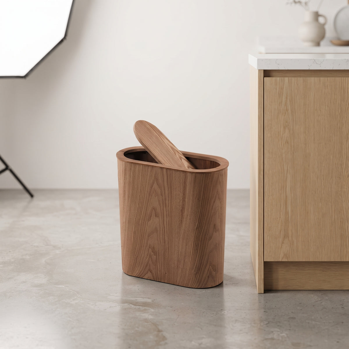 Wooden Trash Can – Solid Wood Nordic Paper Basket with Lid