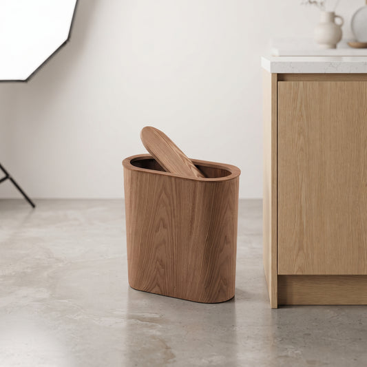 Wooden Trash Can – Solid Wood Nordic Paper Basket with Lid