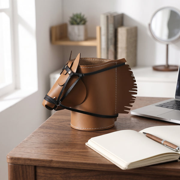 Horse-Head Leather Desk Organizer Box, Set of 1 or 3