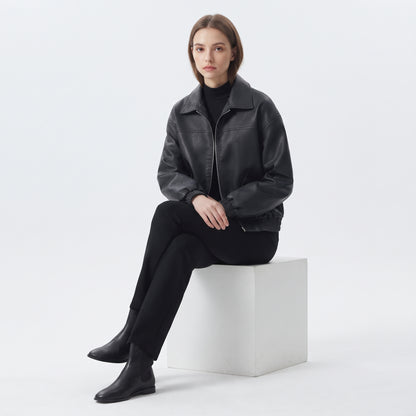 Women's Vintage Faux Leather Moto Jacket, Short Zip-Up Biker Coat for Spring and Autumn