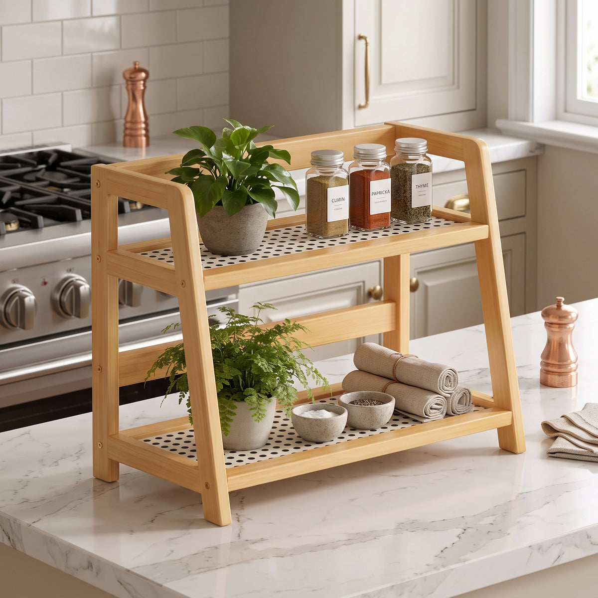 2-Tier Retro Bamboo Storage Shelf - Countertop Organizer for Kitchen & Dressing Table