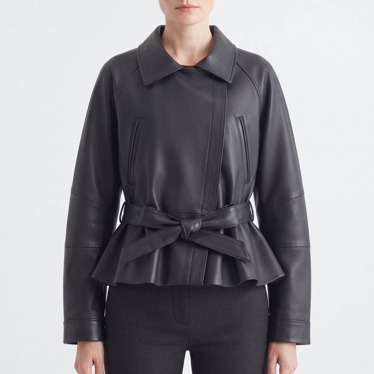 Women's Faux Leather Trench Jacket with Belt, Lapel Moto Coat in Black, Wine Red and Brown