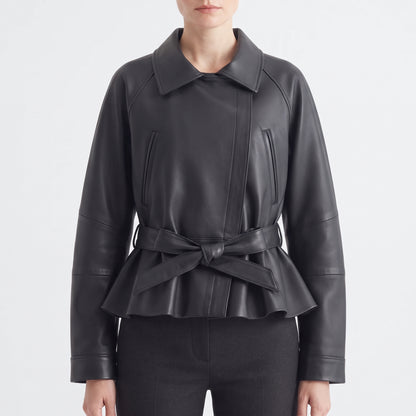 Women's Faux Leather Trench Jacket with Belt, Lapel Moto Coat in Black, Wine Red and Brown