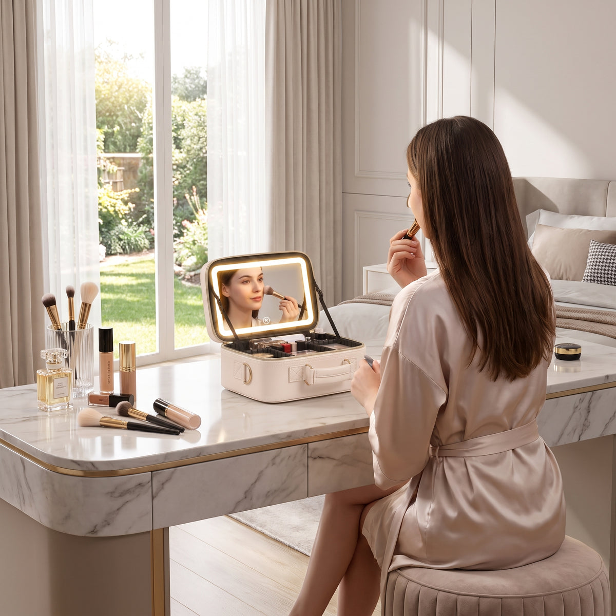 Large Portable Makeup Bag with LED Light and Mirror, Removable Partition, PVC