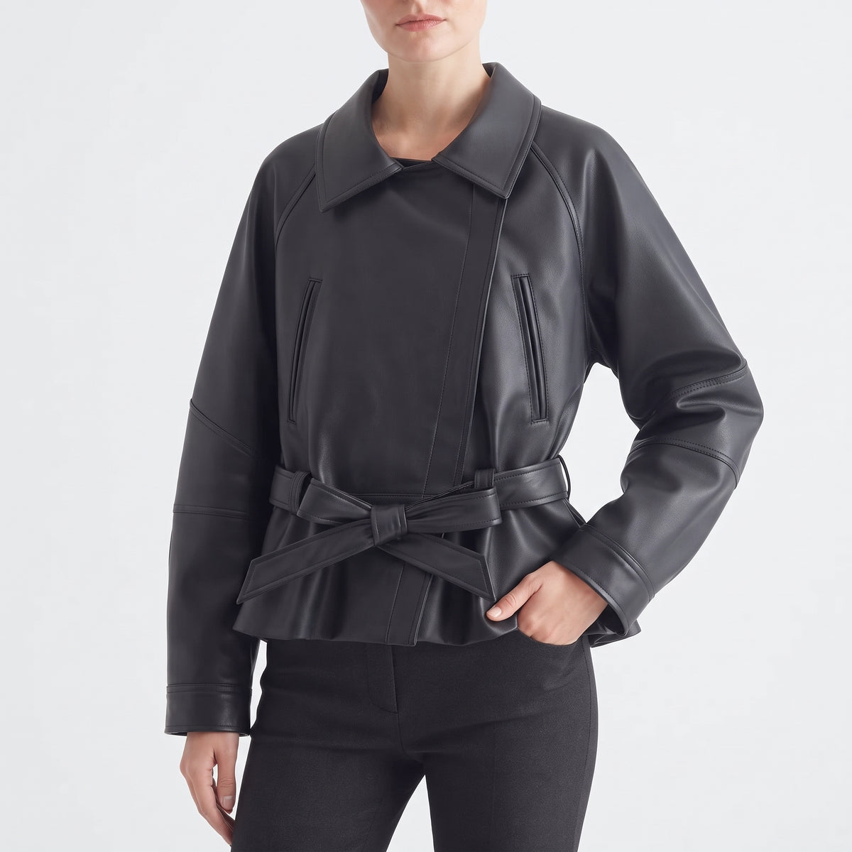 Women's Faux Leather Trench Jacket with Belt, Lapel Moto Coat in Black, Wine Red and Brown