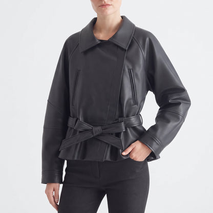 Women's Faux Leather Trench Jacket with Belt, Lapel Moto Coat in Black, Wine Red and Brown