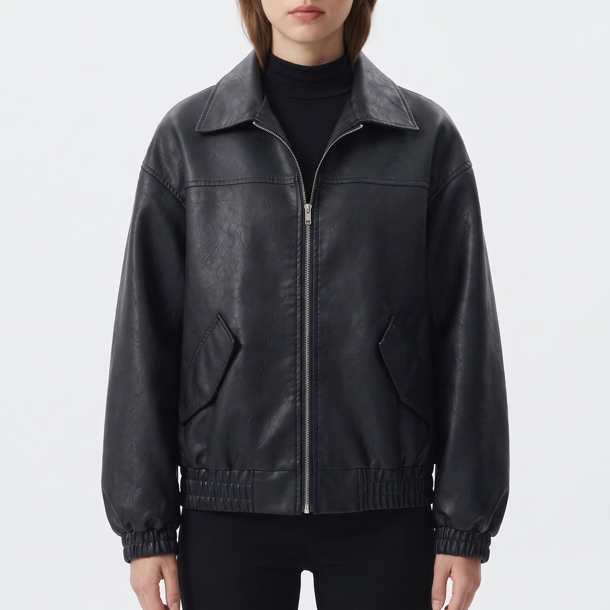 Women's Vintage Faux Leather Moto Jacket, Short Zip-Up Biker Coat for Spring and Autumn